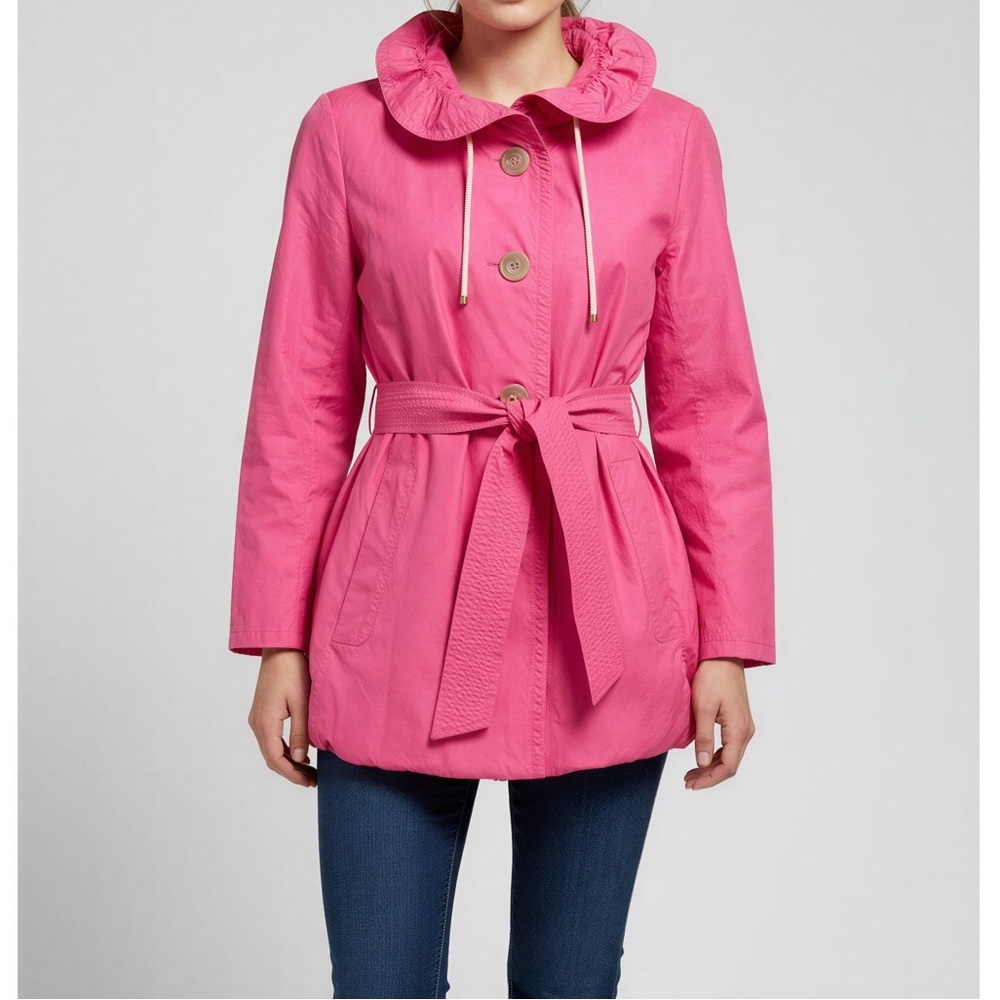 J. Crew Trench Coat Hot Pink Lightweight Lined Belted Ruffled Collar L EUC